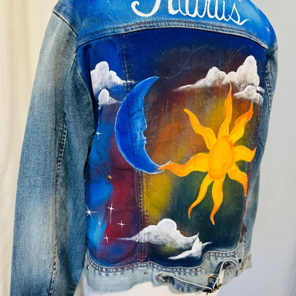 Upcycled Venezia Denim Jacket Hand Painted Taurus‎ Sun Moon Celestial Art 18-20